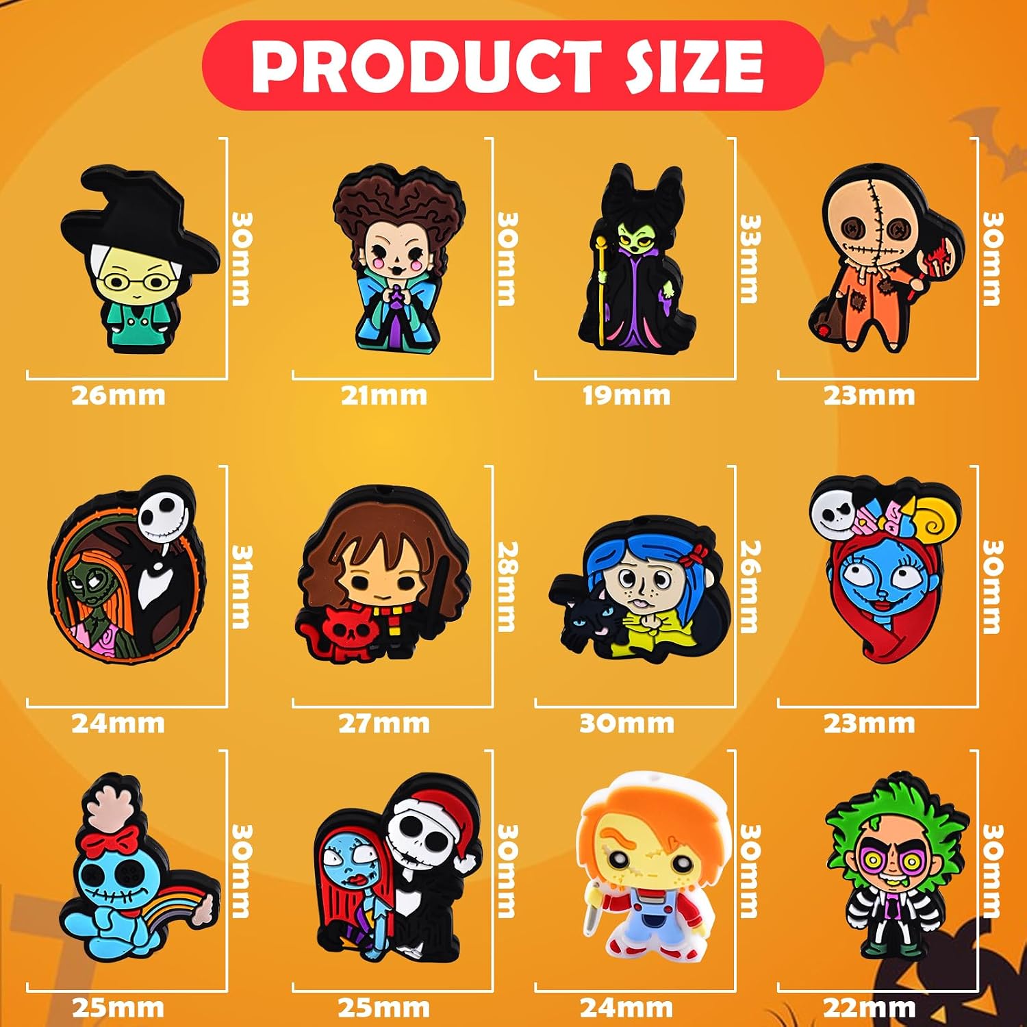 12 PCS Silicone Focal Beads for Pens Halloween Horror Characters Series Silicone Bead for Keychain Making Beads Bulk for Jewelry Making Bracelet Necklace Handmade Crafts