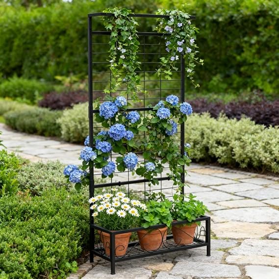 Metal Tall Plant Stand with Trellis and Hanging Bar, Plant Holder for Indoor & Outdoor Use Freestanding Design