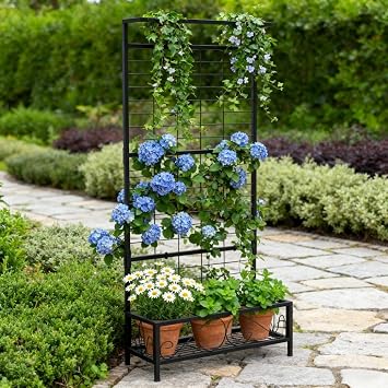 Metal Tall Plant Stand with Trellis and Hanging Bar, Plant Holder for Indoor & Outdoor Use Freestanding Design