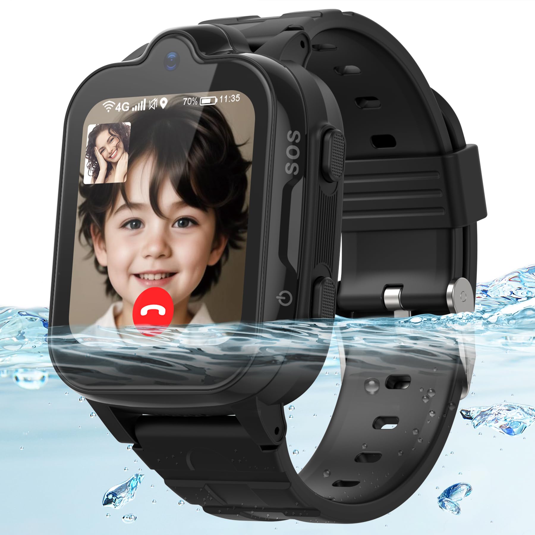 Reloj inteligente 4G GPS y teléfono, IP67 resistente al agua, llamadas, WiFi, videollamada, SOS, despertador, para niños 3-12 años, negro