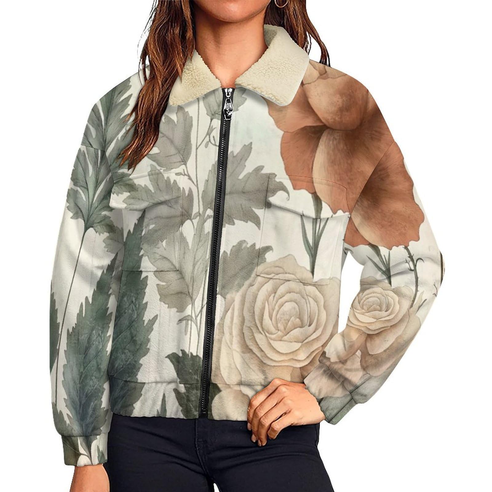 Giacca in Pile da Donna con Chiusura Lampo su Tutta la Lunghezza, Colletto Revers, Cappotto Foglie rose Calda Invernale con Tasche, per Escursioni e Tempo Libero