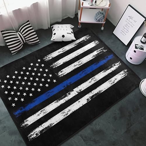 Alfombra antideslizante de alta calidad para cubrir el suelo, delgada línea azul, retro, vintage, patrón de policía, color negro, alfombra multiusos