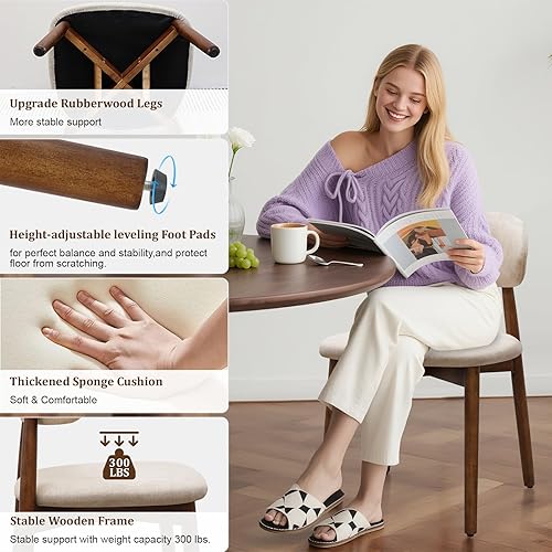 Vista 5 de Juego de 4 sillas de comedor estilo granja, sillas de cocina tapizadas de tela moderna de mediados de siglo, sillas de comedor de madera con Light