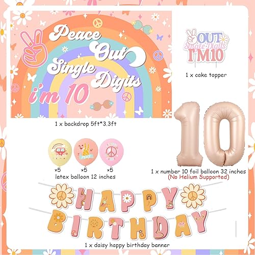 Miniatura 6 de Peace Out - Decoración de fiesta de un solo dígito para niña, Groovy decoraciones de cumpleaños número 10, pancarta bohemia de feliz cumpleaños,