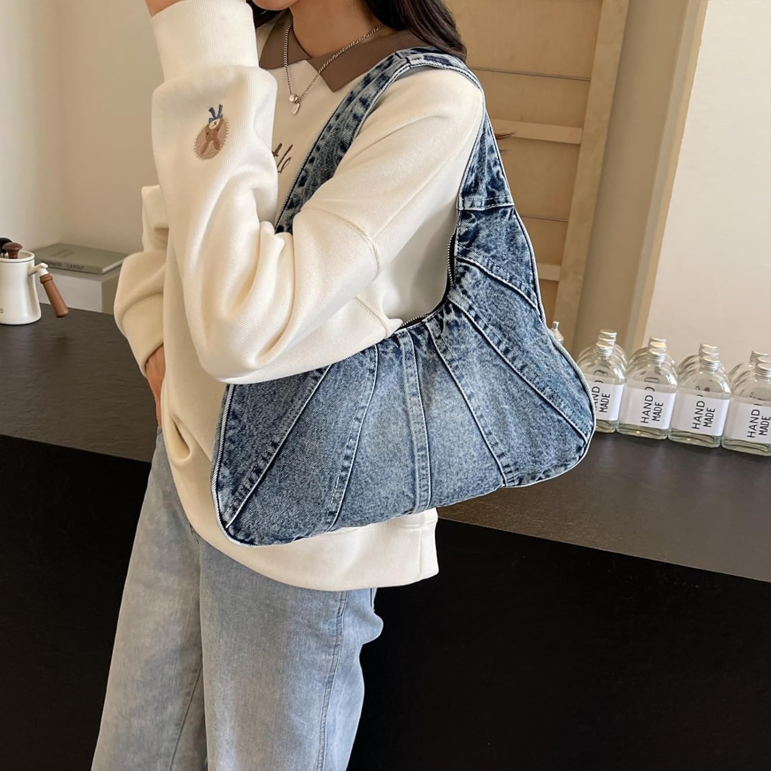 Denim Purse Trendy Jean Purses for Women Denim Hobo Tote Bags Y2K Shoulder Bag Handbags - Image 3