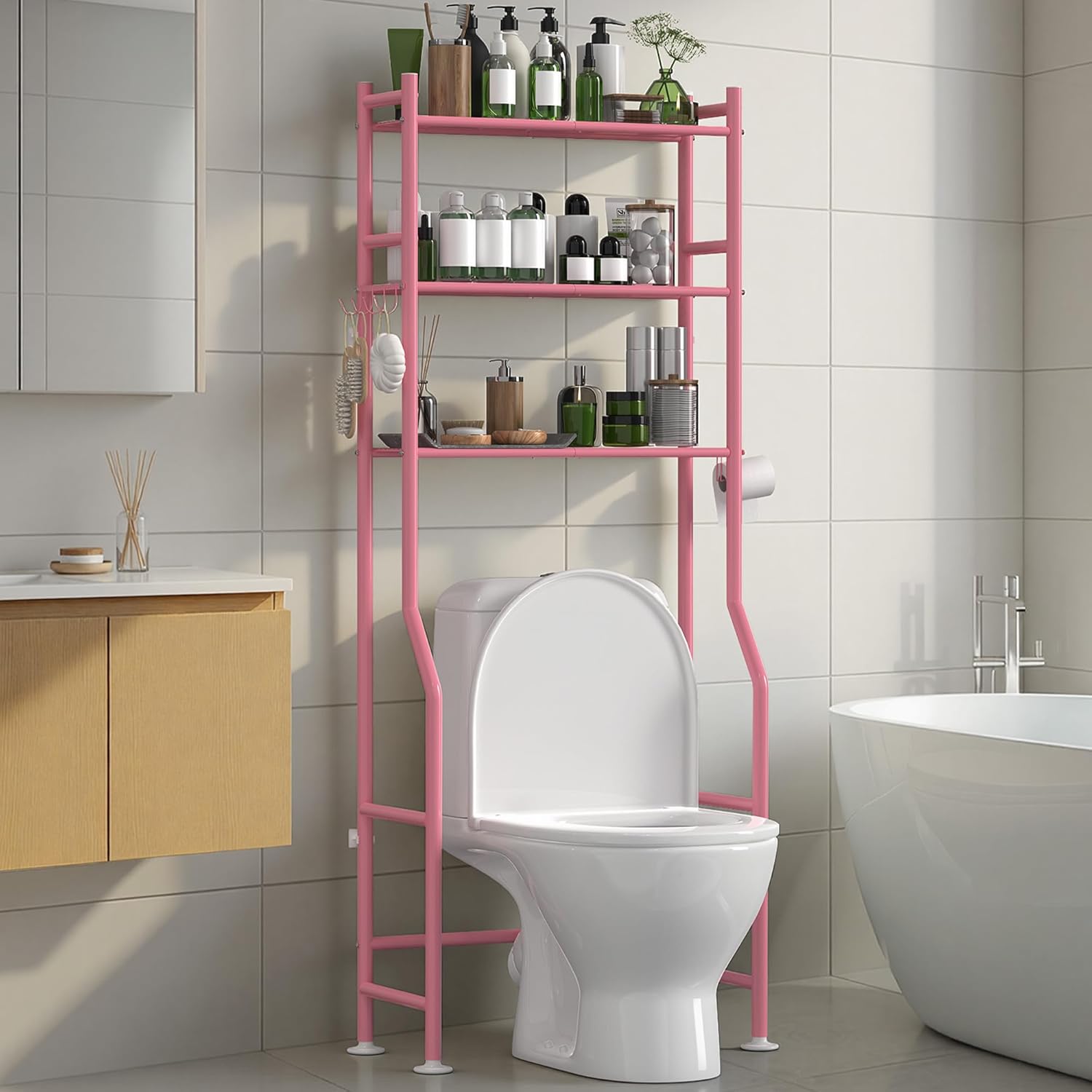 3-Tier Over The Toilet Storage Organizer, Space-Saving Bathroom Rack with Paper Holder & 4 Hooks, 64" Tall Freestanding Carbon Steel Shelf for Small Apartment Laundry Room (Pink)