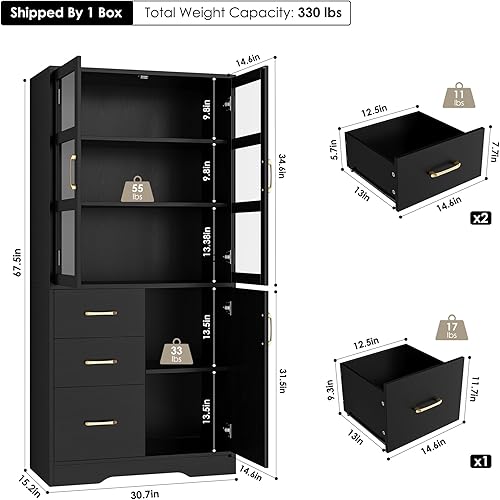 Miniatura 2 de HIFIT Armario alto de almacenamiento para baño con puertas y estantes de cristal, gabinete alto moderno de 67 pulgadas con 3 cajones, armario de