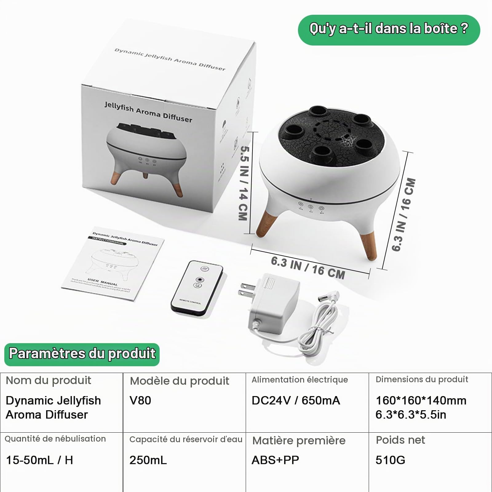 Diffuseur d'huiles essentielles, diffuseur d'aromathérapie, humidificateur ultrasonique à brume froide, synchronisation de la musique, diffuseur de gelée avec lumière 7 couleurs, télécommande