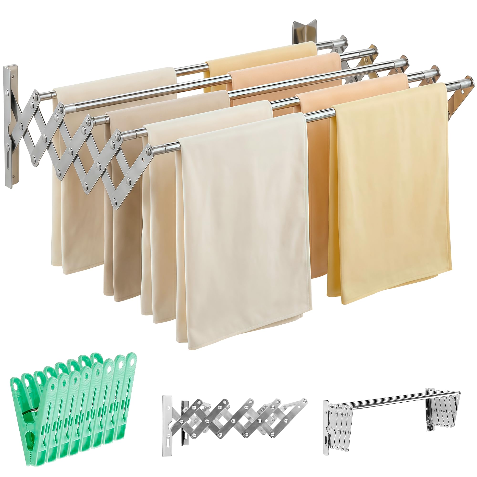 JUPPLIES Étendoir Mural Rétractable 160 cm – Séchoir à Linge Pliable pour Intérieur et Extérieur – 5 Barres INOX Résistantes, Installation Facile et Pinces Incluses