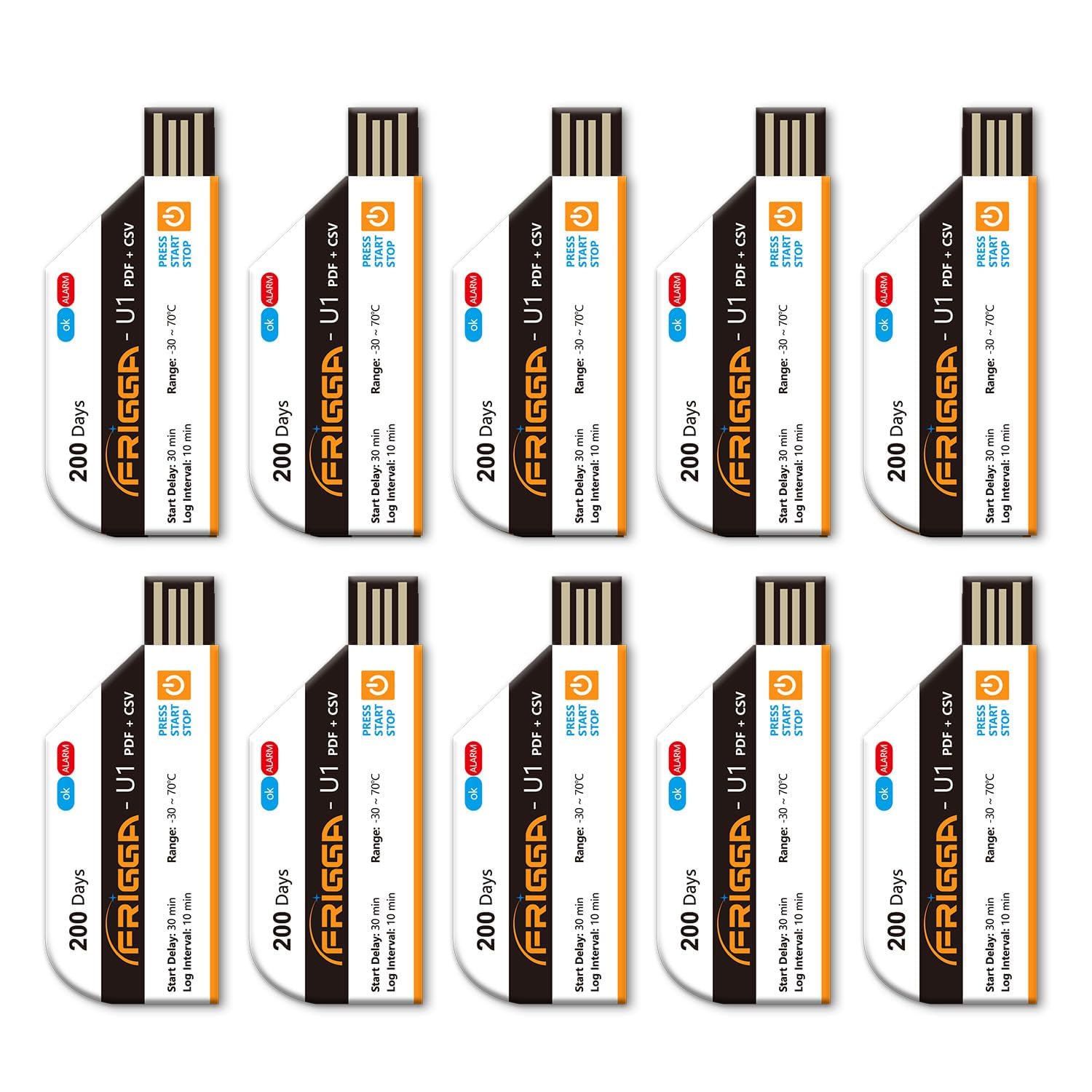 Frigga U1 - 10 registratori di temperatura USB, usa e getta, 28800 punti, termometro ad alta precisione, 200 giorni con rapporto PDF CSS