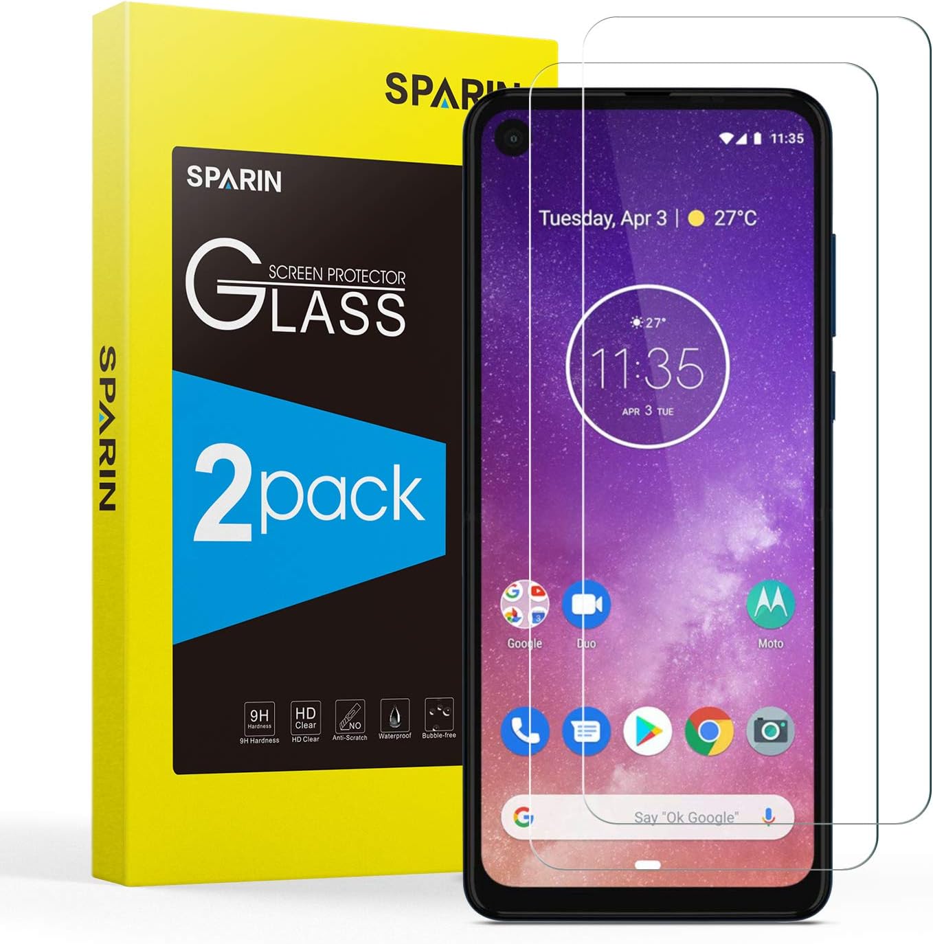 Motorola One Vision Screen Protector, [2-Pack]SPARIN Moto One Vision Tempered Glass Screen Protector with High Responsive,Bubble Free,Anti Scratch for Motorola One Vision, 6.3 inch