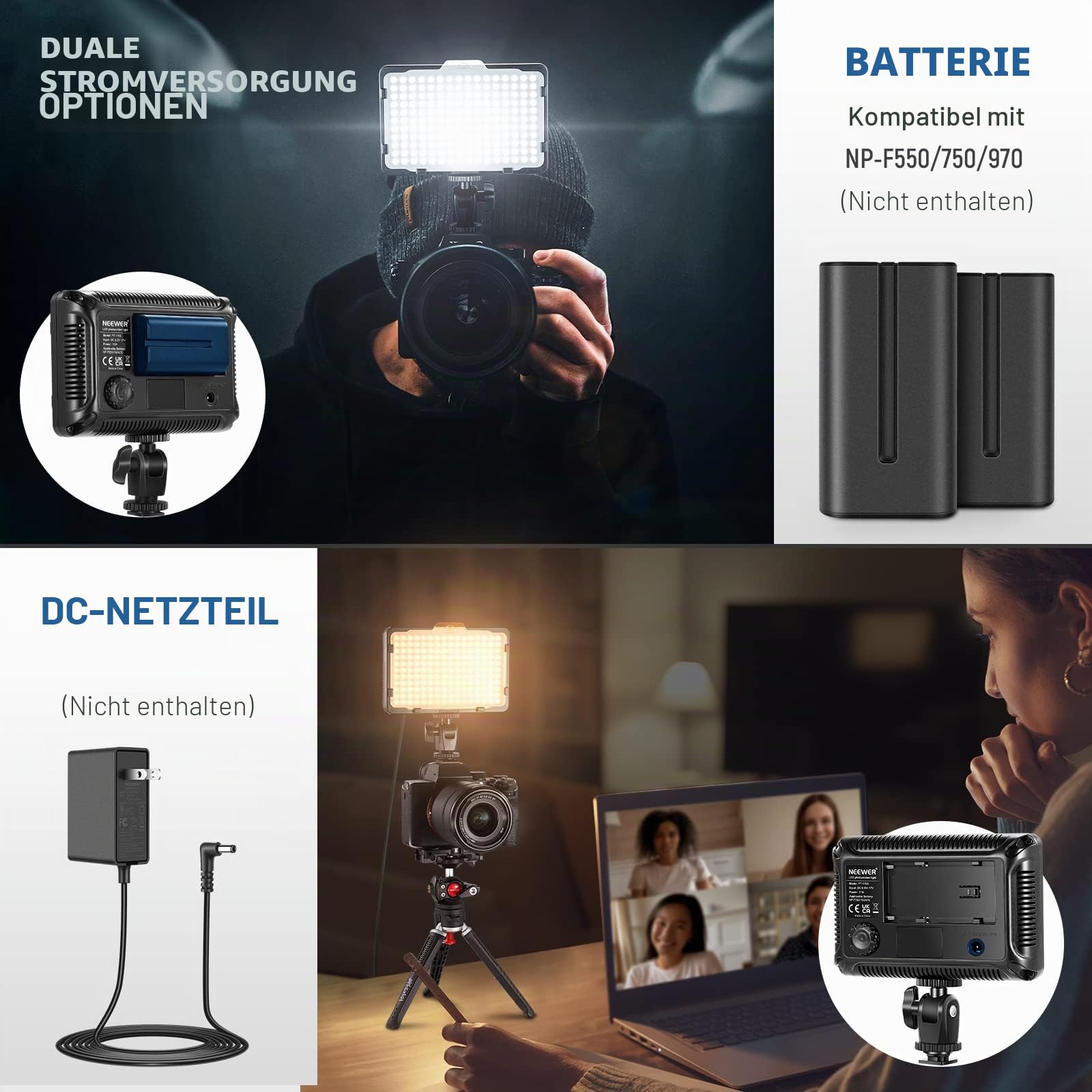 NEEWER 176 LED on Camera Videoleuchte Streaming Licht 5600K dimmbar Videolicht Panel mit 1/4" Gewinde, Key Light für Canon Nikon Pentax Panasonic Sony und andere DSLR Kameras, Batterie nicht enthalten