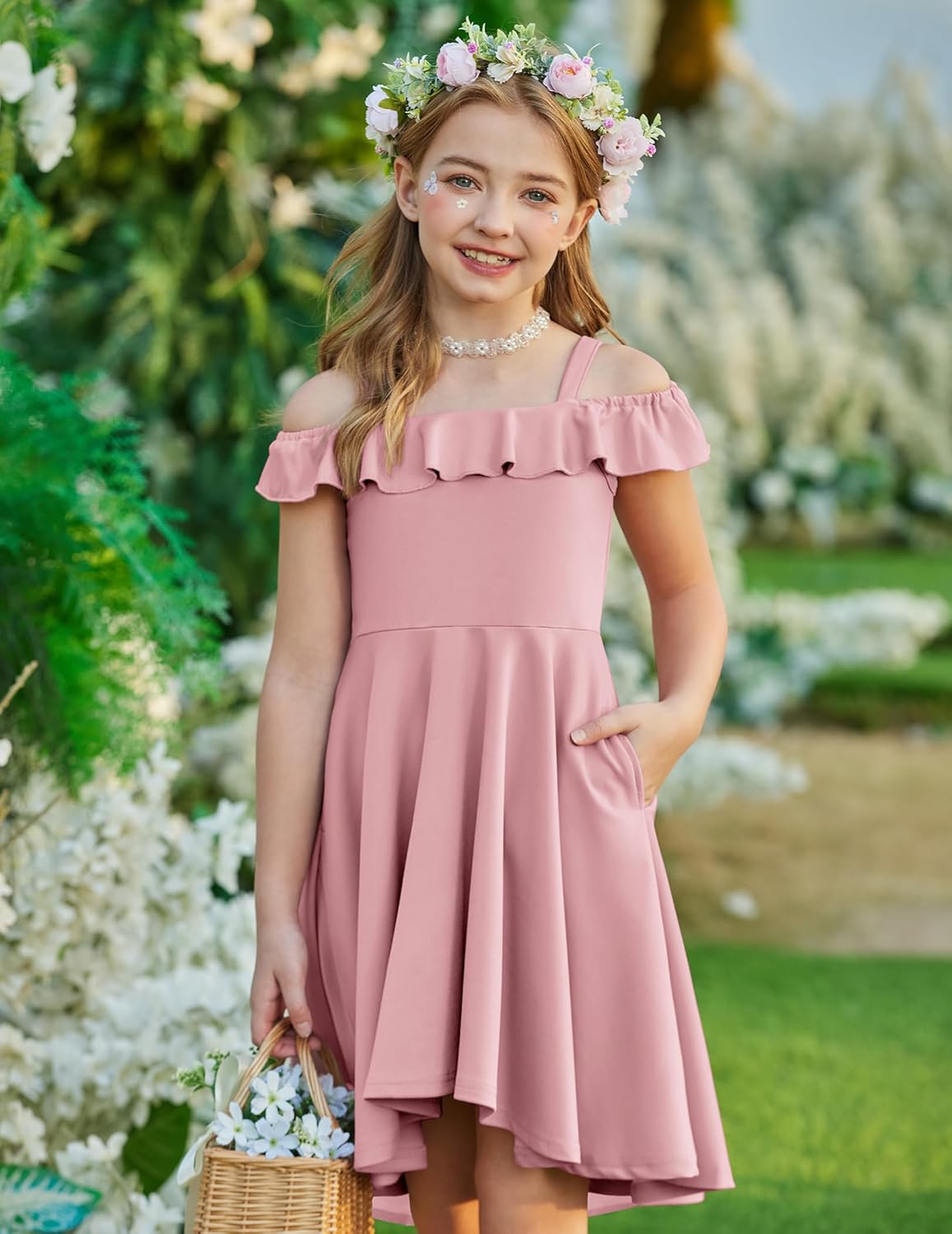 Arshiner Girls Summer Dress Off Shoulder Flutter Sleeve Midi Swing Cassual Formal Dresses with Pocket - Image 3