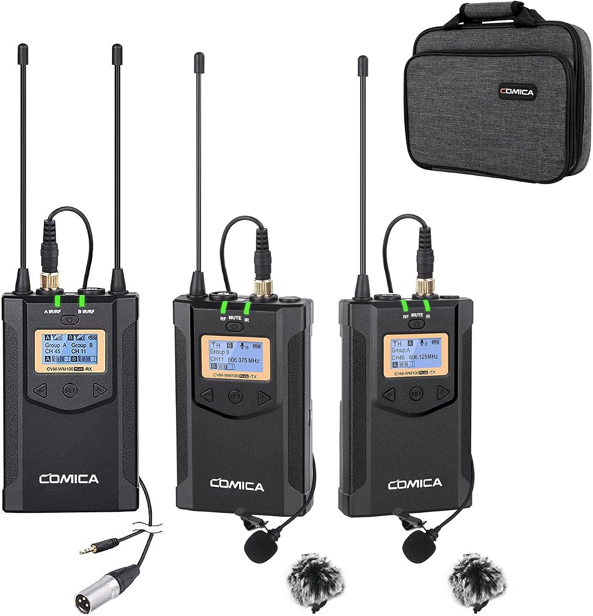COMICA CVM-WM100PLUS Micrófono Lavalier Inalámbrico UHF para Cámara Smartphone | 48 canales seleccionables UHF, cancelación de ruido, alcance estable de 160 pies, micrófono de solapa doble para transmisión de entrevistas de YouTube TikTok Vlog