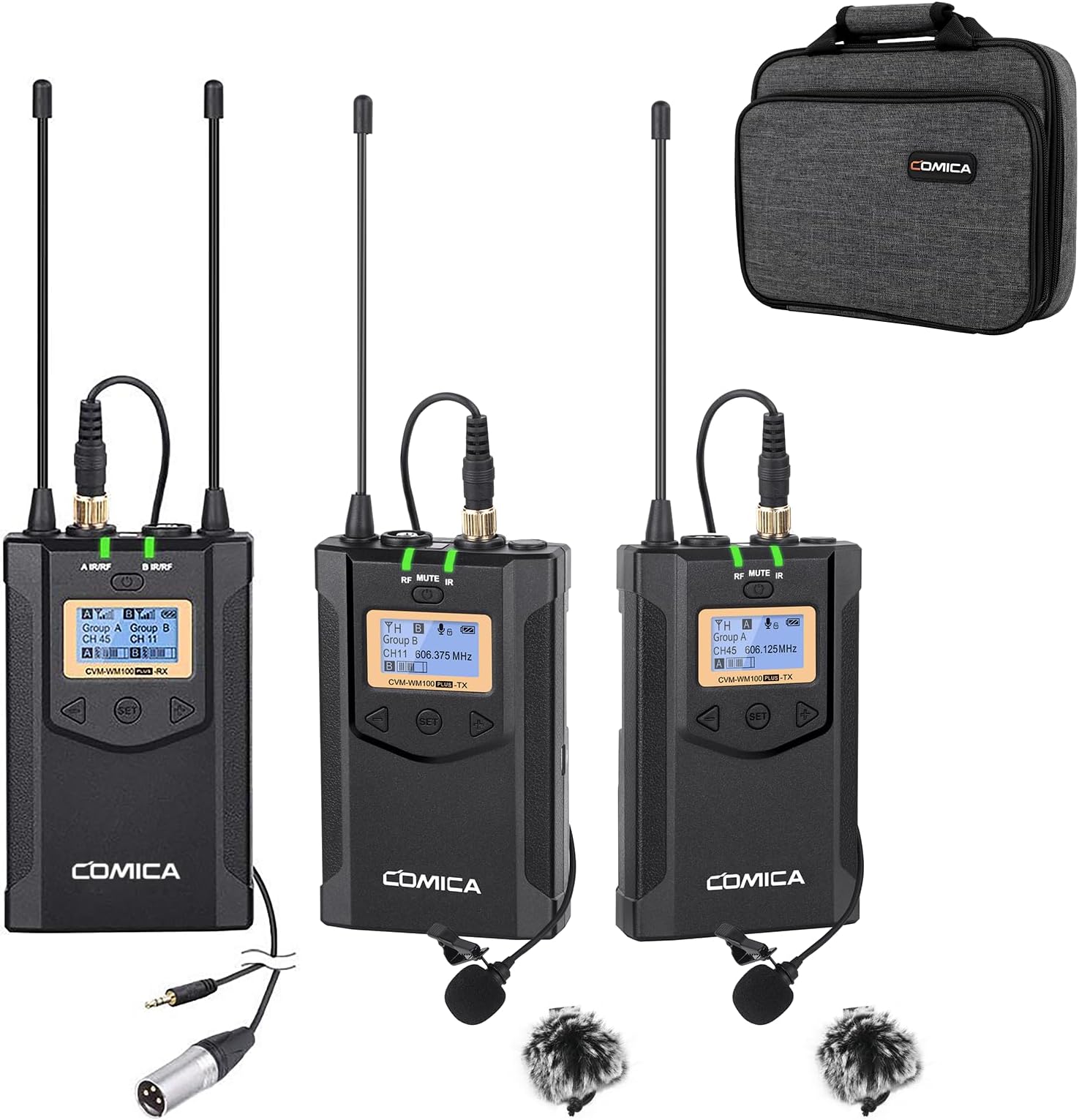 Wireless Microphone Comica CVM-WM100 PLUS 48-Channel Professional UHF Dual Wireless Lavalier Lapel Microphone System for Canon Nikon Sony Panasonic DSLR Cameras,XLR Camcorder,Smartphone etc.(2TX+1RX)