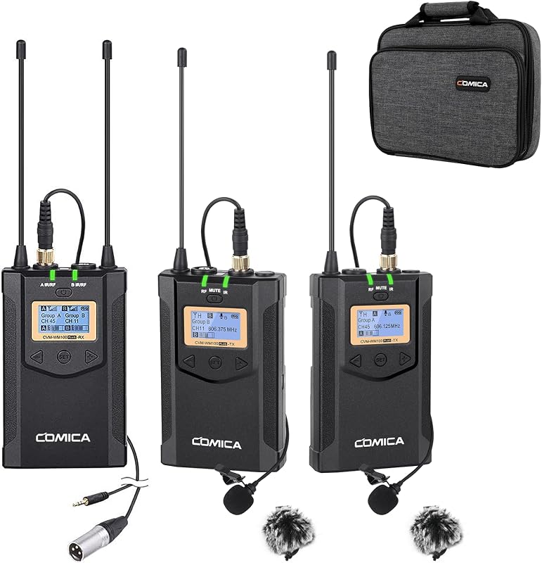 COMICA CVM-WM100PLUS Micrófono Lavalier Inalámbrico UHF para Cámara Smartphone | 48 canales seleccionables UHF, cancelación de ruido, alcance estable de 160 pies, micrófono de solapa doble para transmisión de entrevistas de YouTube TikTok Vlog