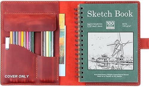 Robrasim Funda de cuero hecha a mano para cuaderno de bocetos, cuaderno de dibujo y estuche para lápices de bocetos de 5.5 x 8.5 pulgadas, cuaderno