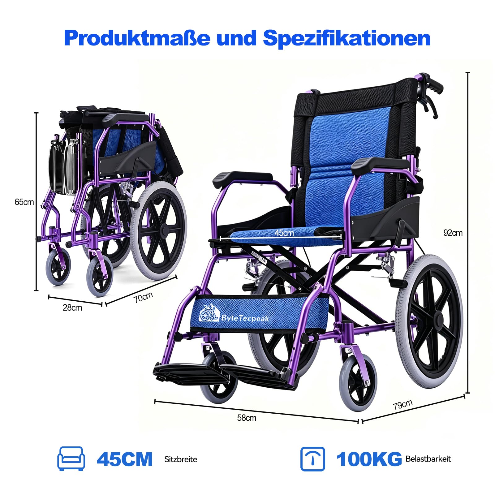 M3 Ultraleicht Rollstuhl Faltbar Leicht, Transitrollstuhl, Bremse an den Griffen Reiserollstuhl für Behinderteund Senioren, FuBstütze, Armlehnen, leicht, Sitzfläche 45 cm, Lila