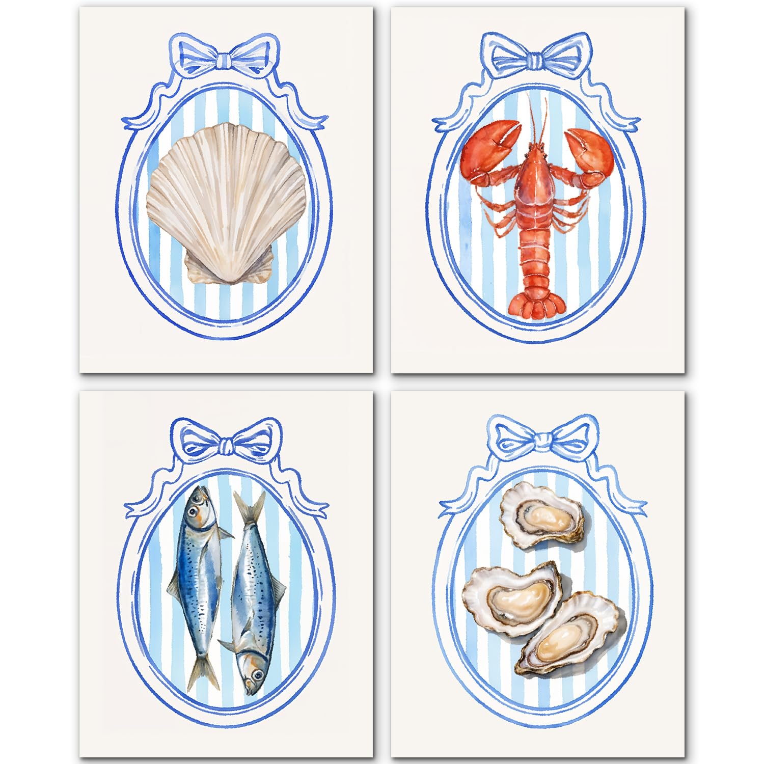 JINYO Coquette Blue Bow Beach Coastal Wall Art Prints Set of 4, Beachy Room Decor, Oyster Lobster Fish Shell Coastal Wall Decor Posters Pictures for