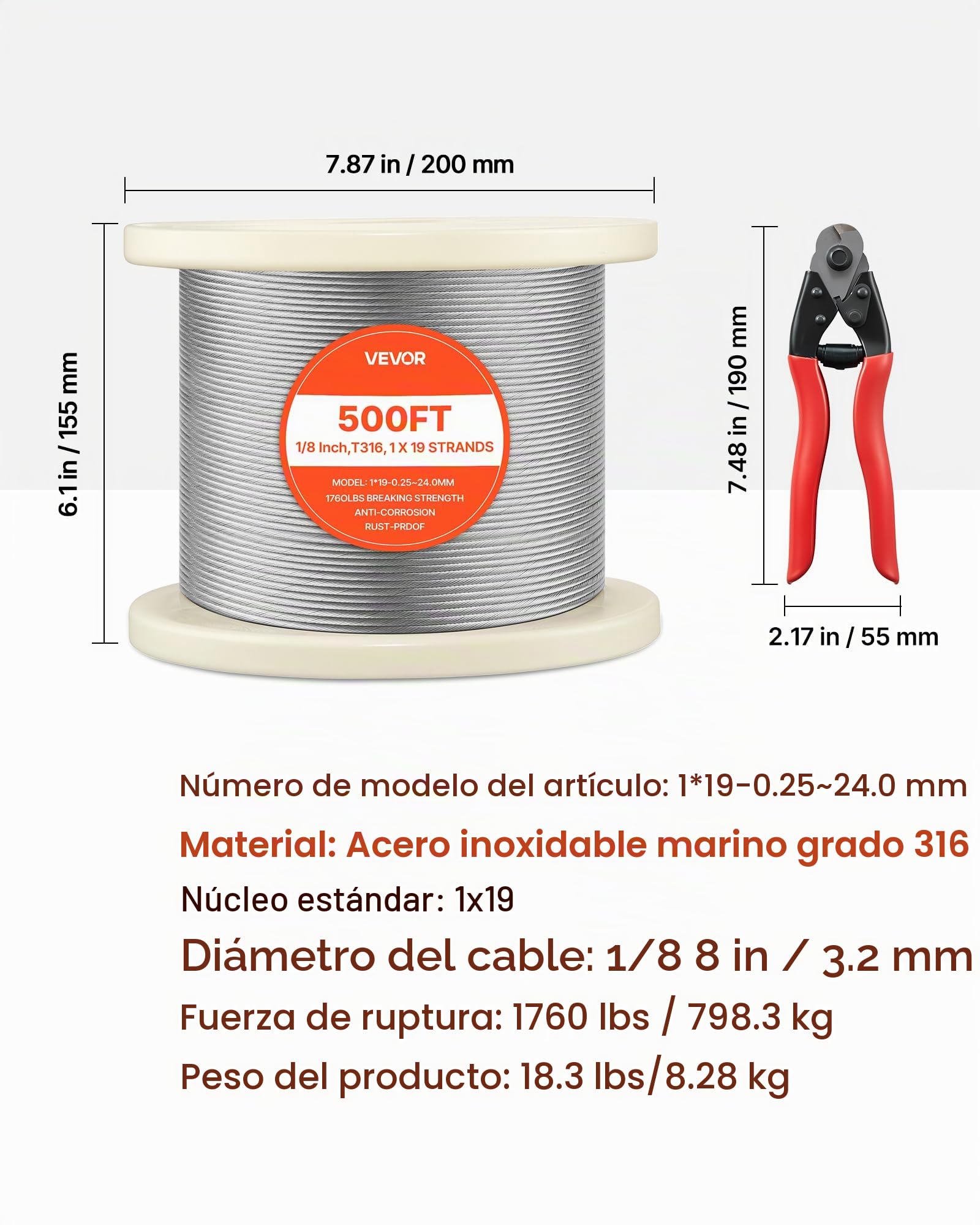 VEVOR Cable de Acero Inoxidable 316 Diámetro de 3,2 mm, Rollo de Cuerda de Alambre 152,4 m, Resistencia a la Rotura de 798,3 kg, Construcción de 1 x 19, para Barandillas y Enrejados de Jardín