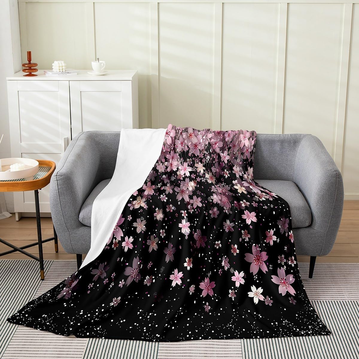 Feelyou Cherry Blossoms Flannel Fleece Throw Blanket Queen 90"x90" Kids Sakura Flower Plush Blanket for Boys Girls Teens Romantic Floral Botanical Fuzzy Blanket Pink Black All Season Bed Blanket
