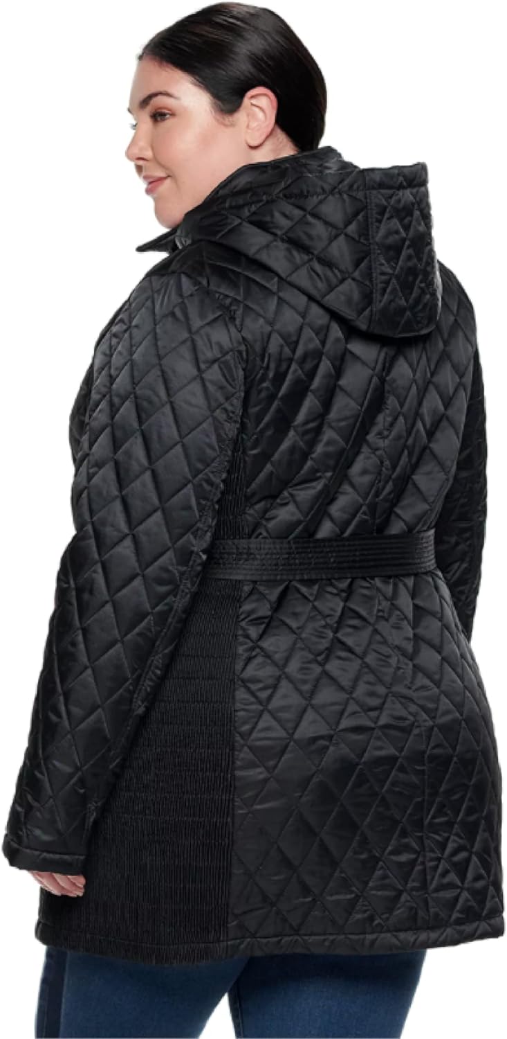 Nine West Women's Belted Quilt Coat W/Removeable Hood