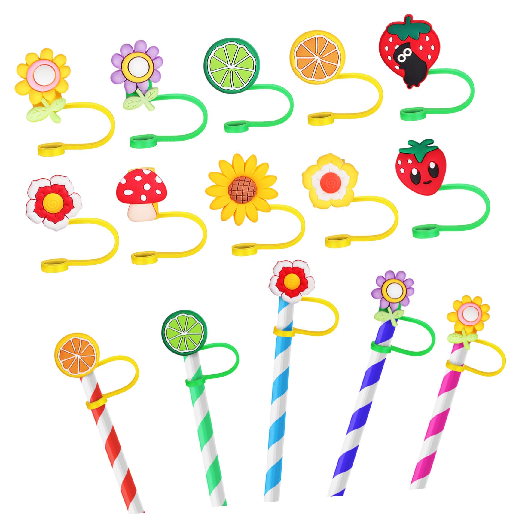 Pailles réutilisables et lot de 50 capuchons de paille en silicone avec motifs