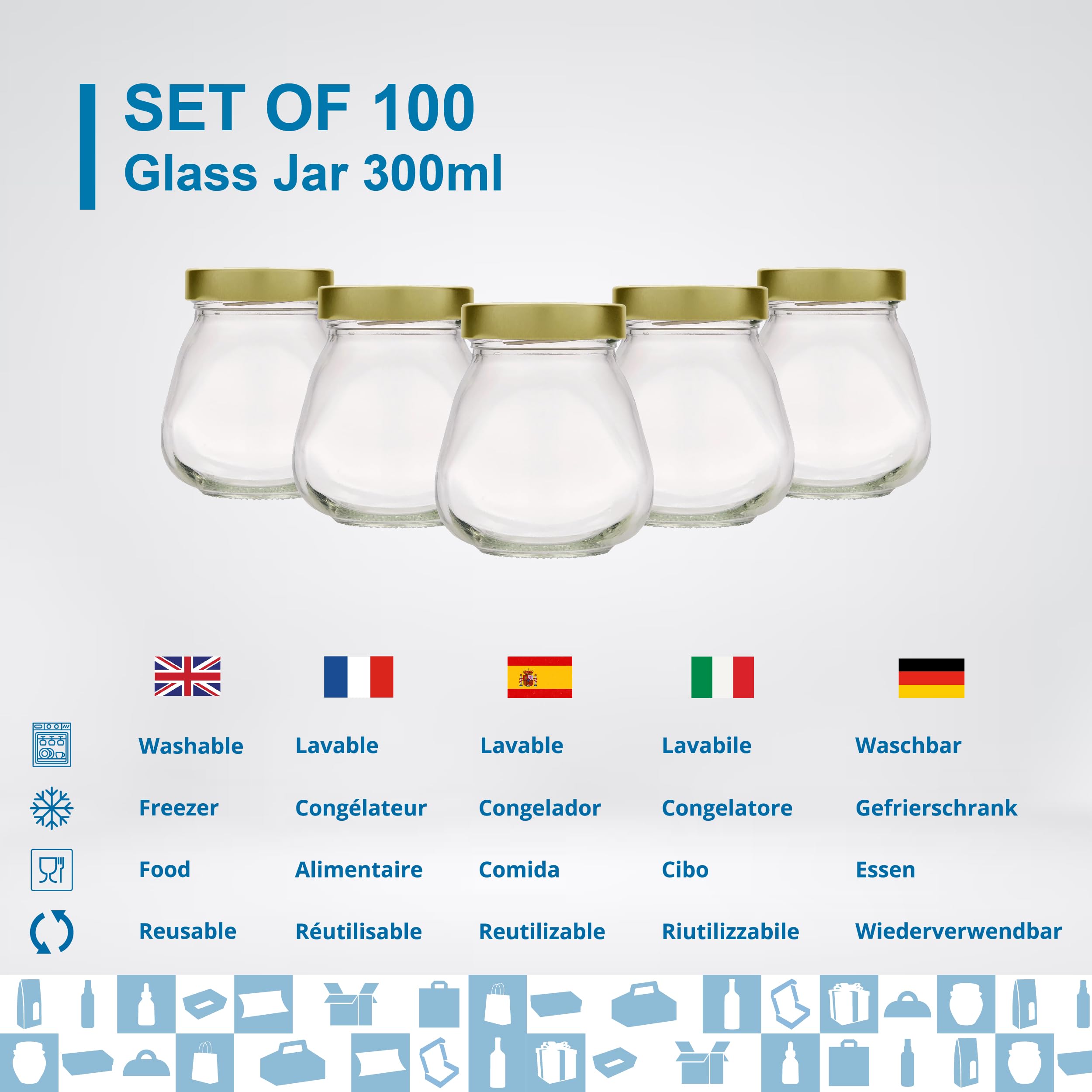 Espirito Rebelde 100 Pots en Verre 300ml avec Couvercle | Pot pour Tartinades, Confiture, Beurre de Cacahuète, Pâté, Épices | Pots et Bocaux de Conservation et Rangement Cuisine