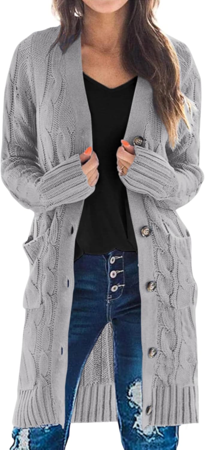 PRETTYGARDEN Long Sleeve Cable Knit Long Cardigan for Women 2026 Spring Winter Chunky Open Front Button Sweaters with Pockets