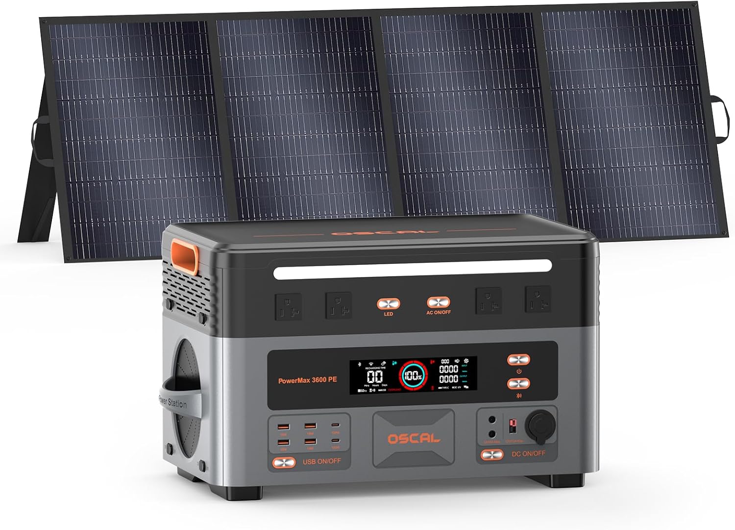 OSCAL PowerMax 3600PE, 3600W Portable Power Station with 400W Solar Panel, 2016Wh Solar Generator 1500W AC Charging, LiFePO4 Battery Power Station for Home Camping RV Emergency