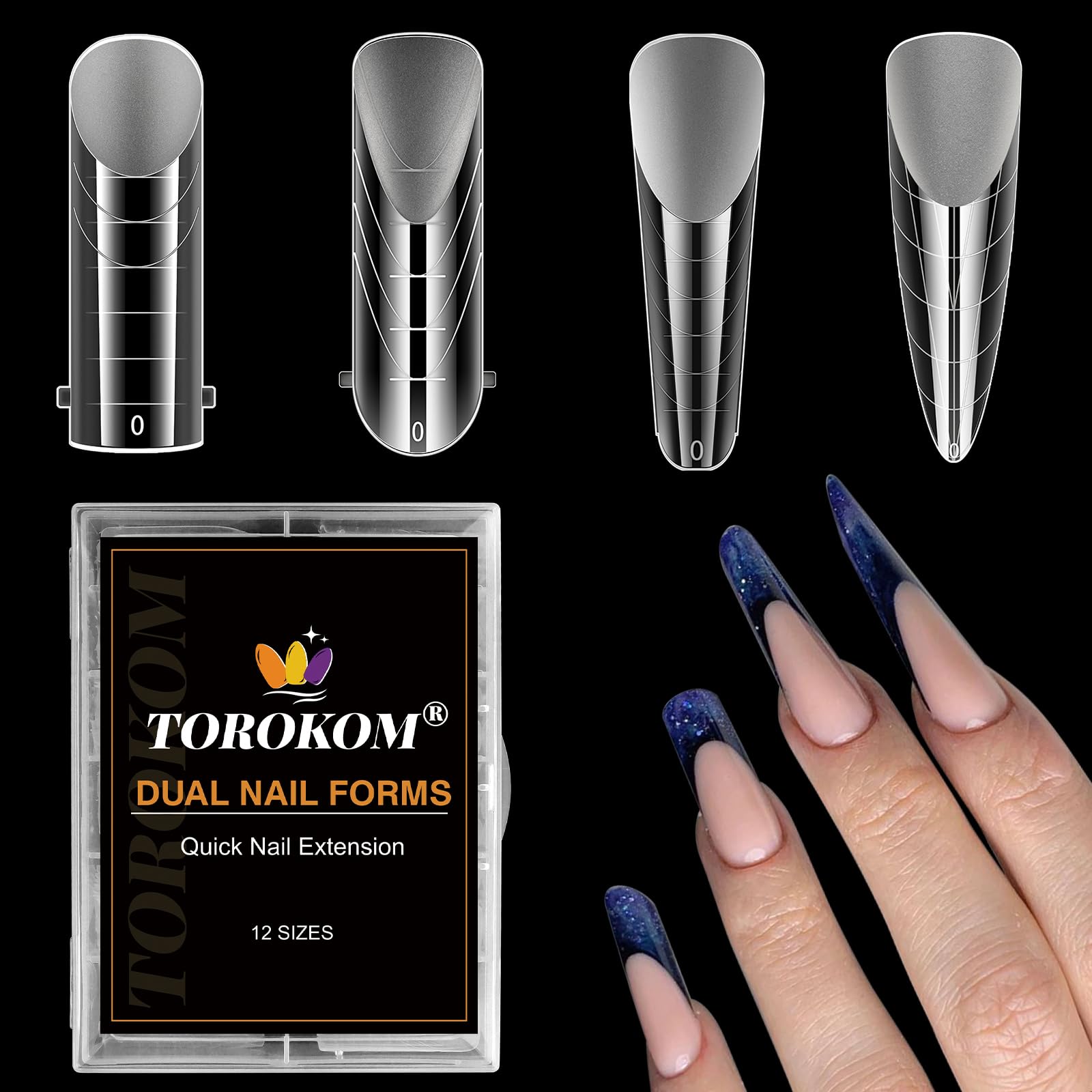 TOROKOM Dual Nail Forms Kit for Poly Extension Gel 4 Shapes Structure Poly Nail Gel Stiletto Square Nail Molds for Builder Gel Poly Nail Gel Nail Art Design Salon&DIY