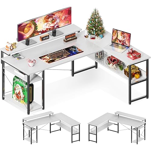 ODK L Shaped Computer Desk, 61" Reversible L Shaped Desk, Corner Computer Desk with Storage Shelves & Monitor Stand, Home Office Desk, Gaming Desk, Corner Desk, Writing Desk, White