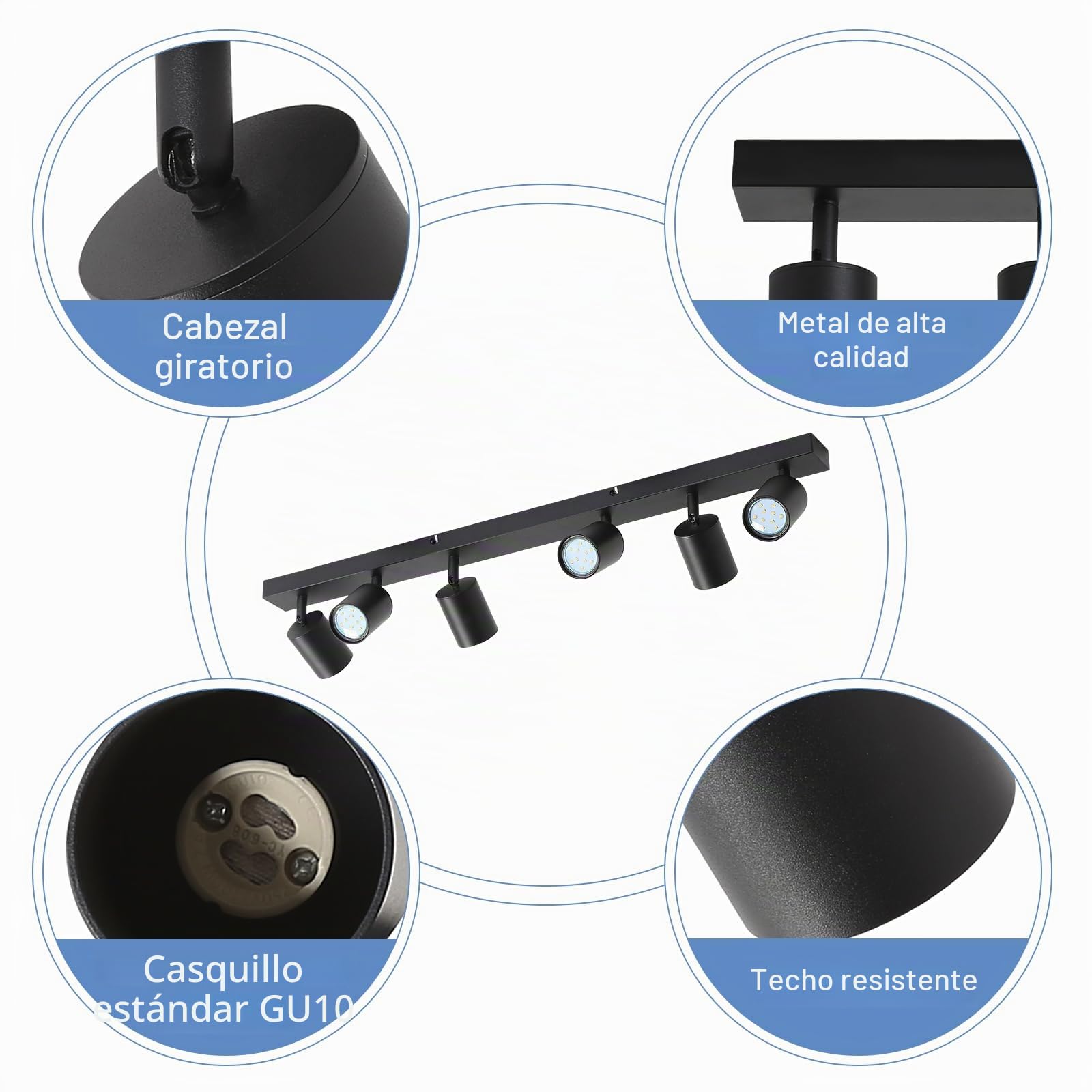 Lampara Techo Salon Moderna Negra 6 Focos Led Interior Techo | Orientables Lampara Focos Techo GU10 Lamparas Cocina Salon Comedor Dormitorio, Bombilla NO Incluida