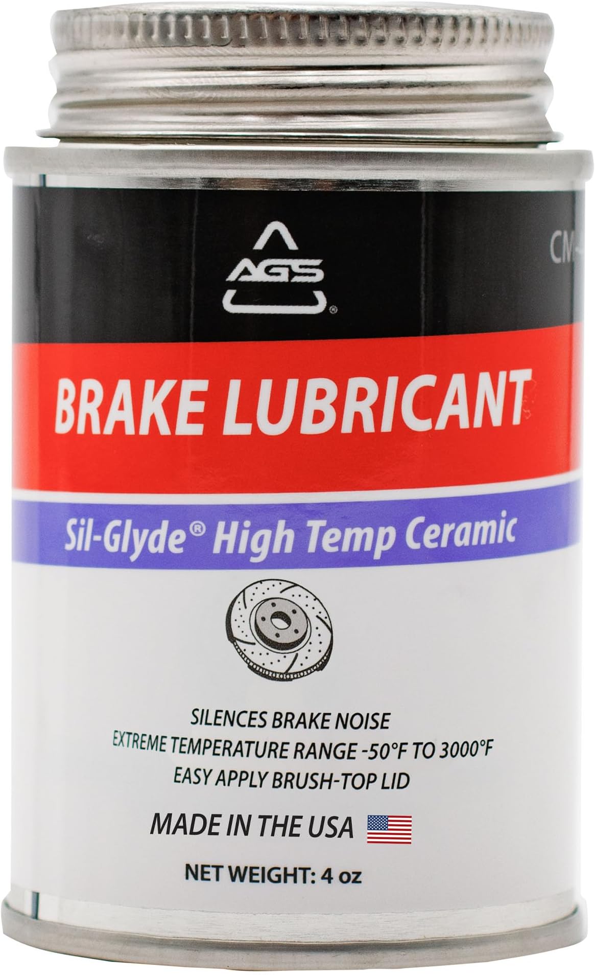 AGS Automotive Solutions Brush Top Can Ceramic-Glyde Silicone Brake Lubricant, 4oz, Compatible with Ceramic and Metallic Brake Pads, Noise Reduction Technology