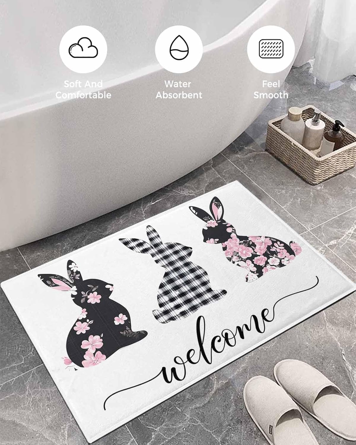 Shag Door Mats Bath Rugs Spring Easter Cute Rabbit on White ,Soft Fluffy Doormats Non Slip Carpet Pink Flower Black Plaid ,Shaggy Fuzzy Area Throw Rug for Kitchen/Bathroom/Bedroom/Living Room
