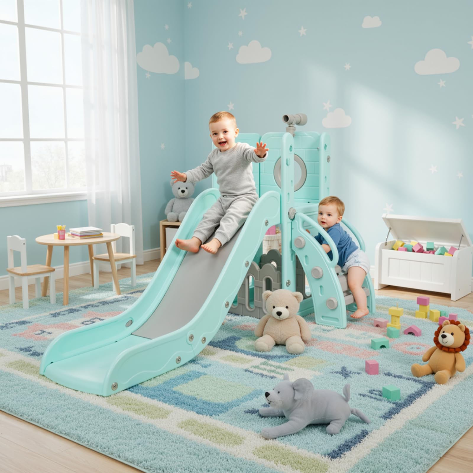 Tobogán Infantil, Tobogán para Niños 4 en 1, Toboganes Independientes, Tobogán Infantil Interior y Exterio, con Tobogán Largo, Escalada, Telescopio de Juego, Almacenamiento, Carga 60 kg, Verde Gris