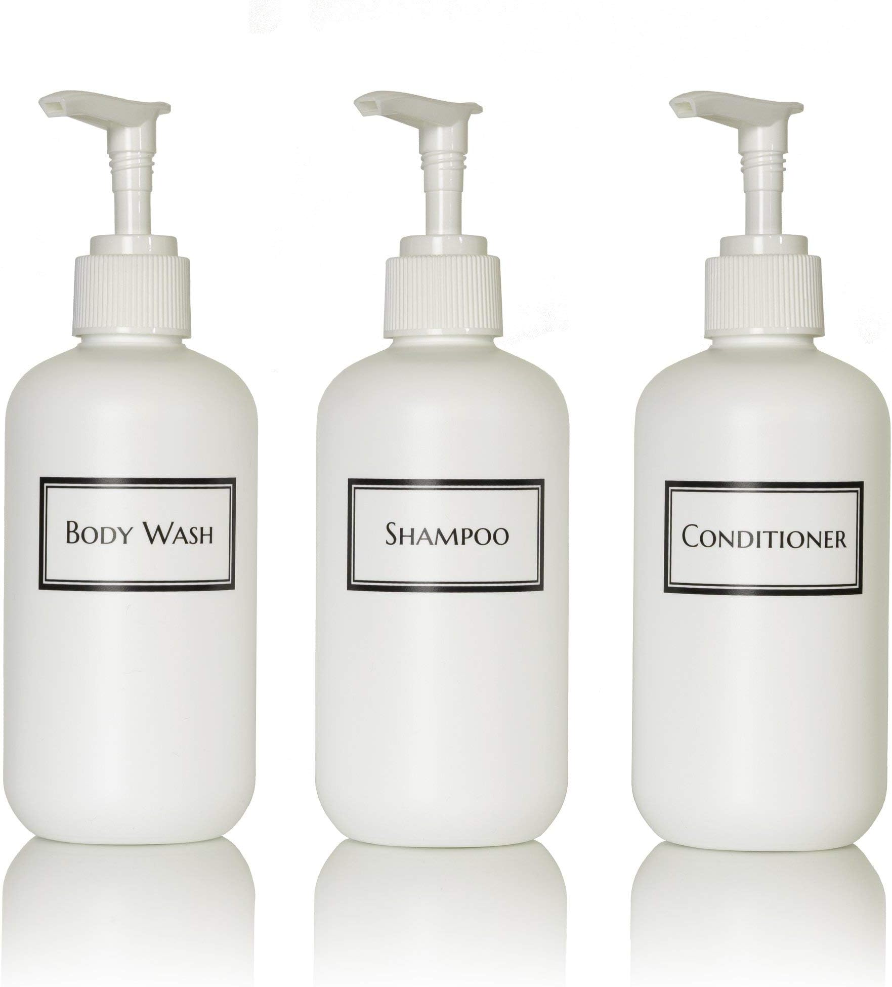 Silkscreened Empty Small HDPE Plastic Shower Bottle Set for Shampoo, Conditioner, and Body Wash, 8 oz 3-Pack, White (White Pumps)