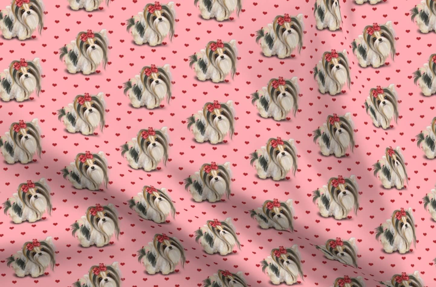 Spoonflower Fabric - Biewer Yorkie Pink Hearts Yorkshire Dog Puppy Printed on Chiffon Fabric by The Yard - Sewing Fashion Apparel Dresses Home Decor