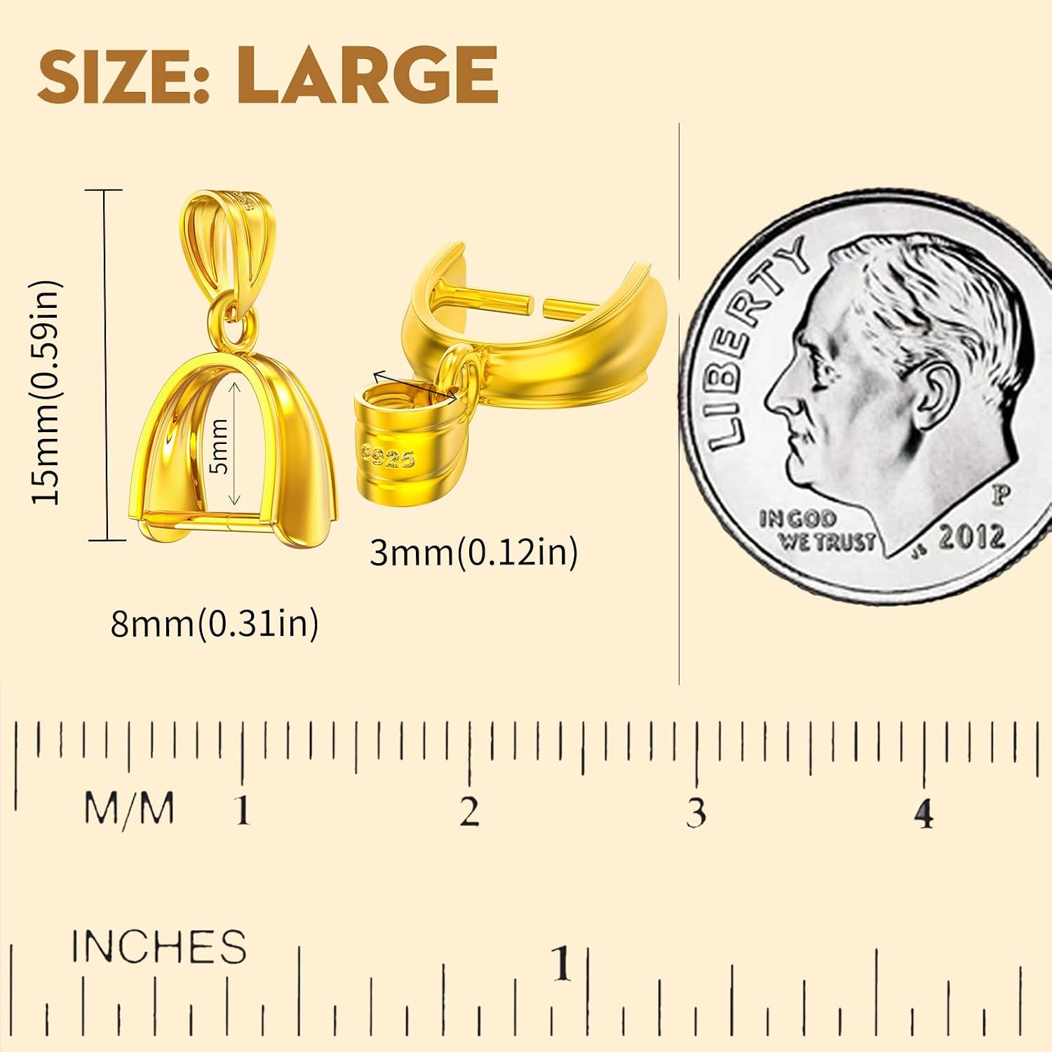 14K Gold Plated 925 Sterling Silver Pinch Bails for Jewelry Making Pendant Clasp Pinch Clip Bail Clasp 3 Sizes Pendant Jewelry Connector for Necklace Dangle Charm DIY Craft Making