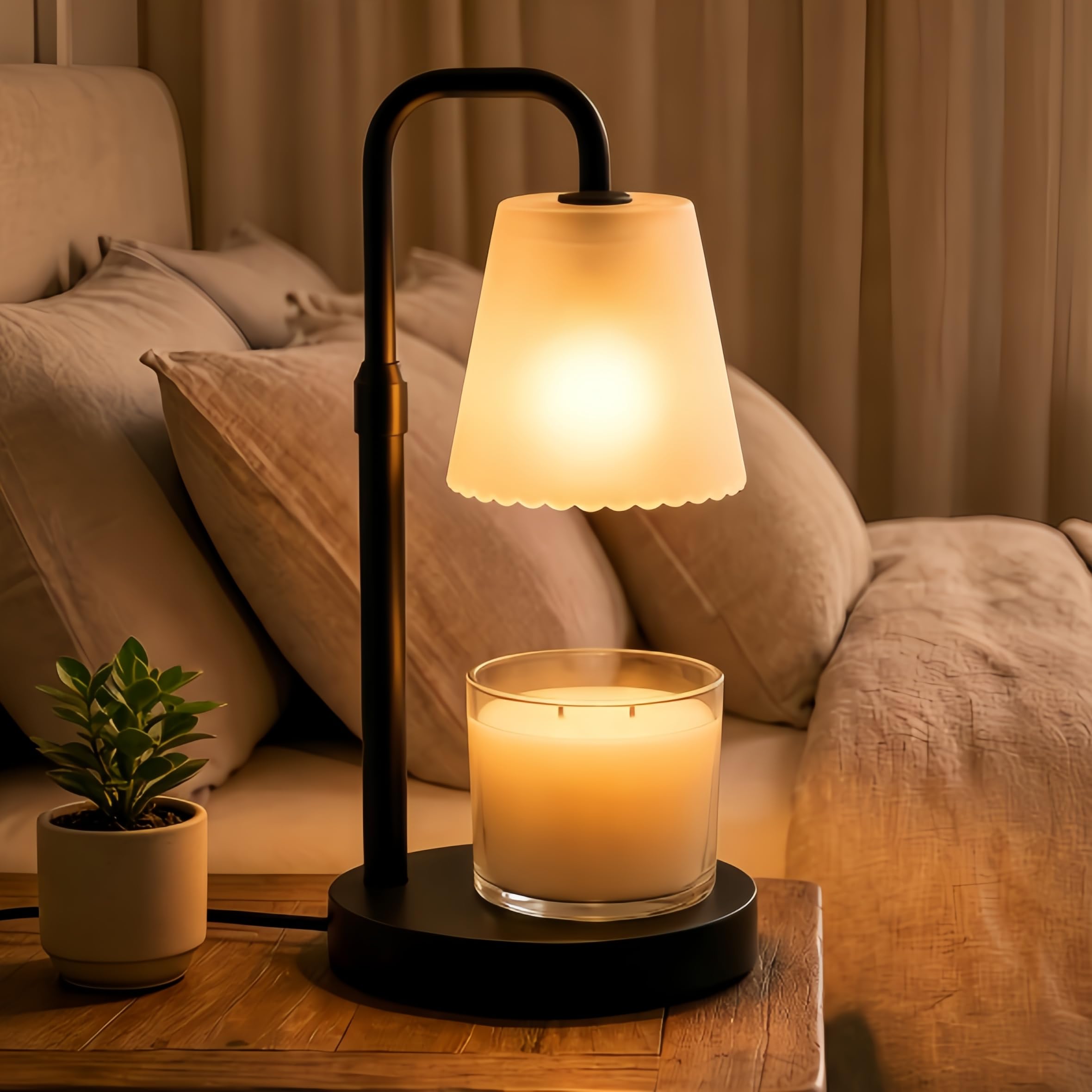 QUIGO Candle Warmer Lamp with Timer Dimmable Adjustable Height Black Metal Smooth Body Glass Lampshade Electric Wax Melter for Scented Candles Home Decor Gift for Women