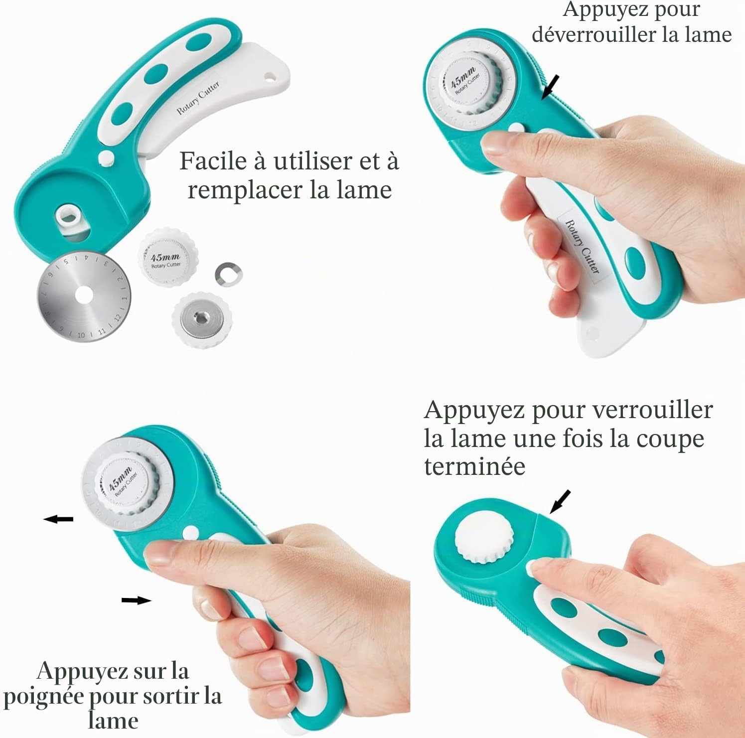 Kit de découpe rotatif avec coupe-tissu de 45 mm, 5 lames rotatives supplémentaires, tapis de découpe auto-cicatrisant A2, règle en acrylique et pinces à coudre, ciseaux, idéal pour les travaux