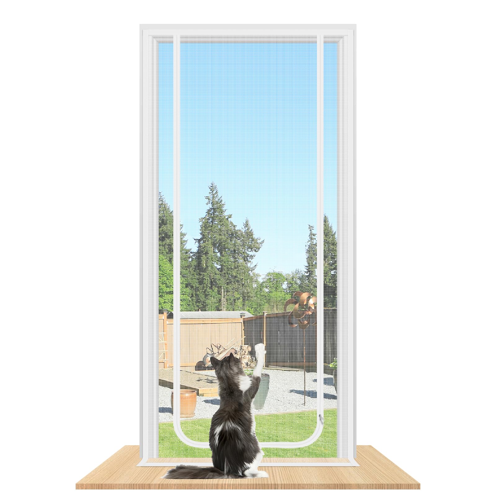 Siatka dla kota na balkon, bez wiercenia (90 cm x 200 cm, biała) | Ekran drzwi dla zwierząt domowych z zamkiem błyskawicznym i magnesem, moskitiera dla kotów, drzwi balkonowe i tarasowe