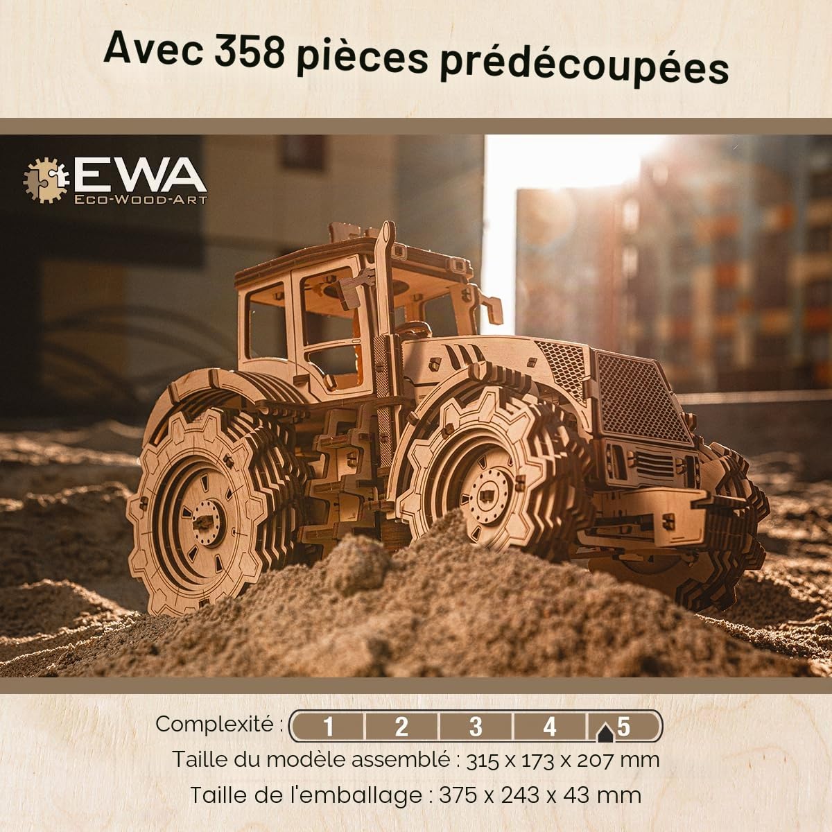EWA Eco-Wood-Art - Tracteur avec mécanisme de Changement de Vitesse - Puzzle 3D mécanique en Bois - Puzzle pour Adultes et Adolescents - Assemblage sans Colle - 358 pièces
