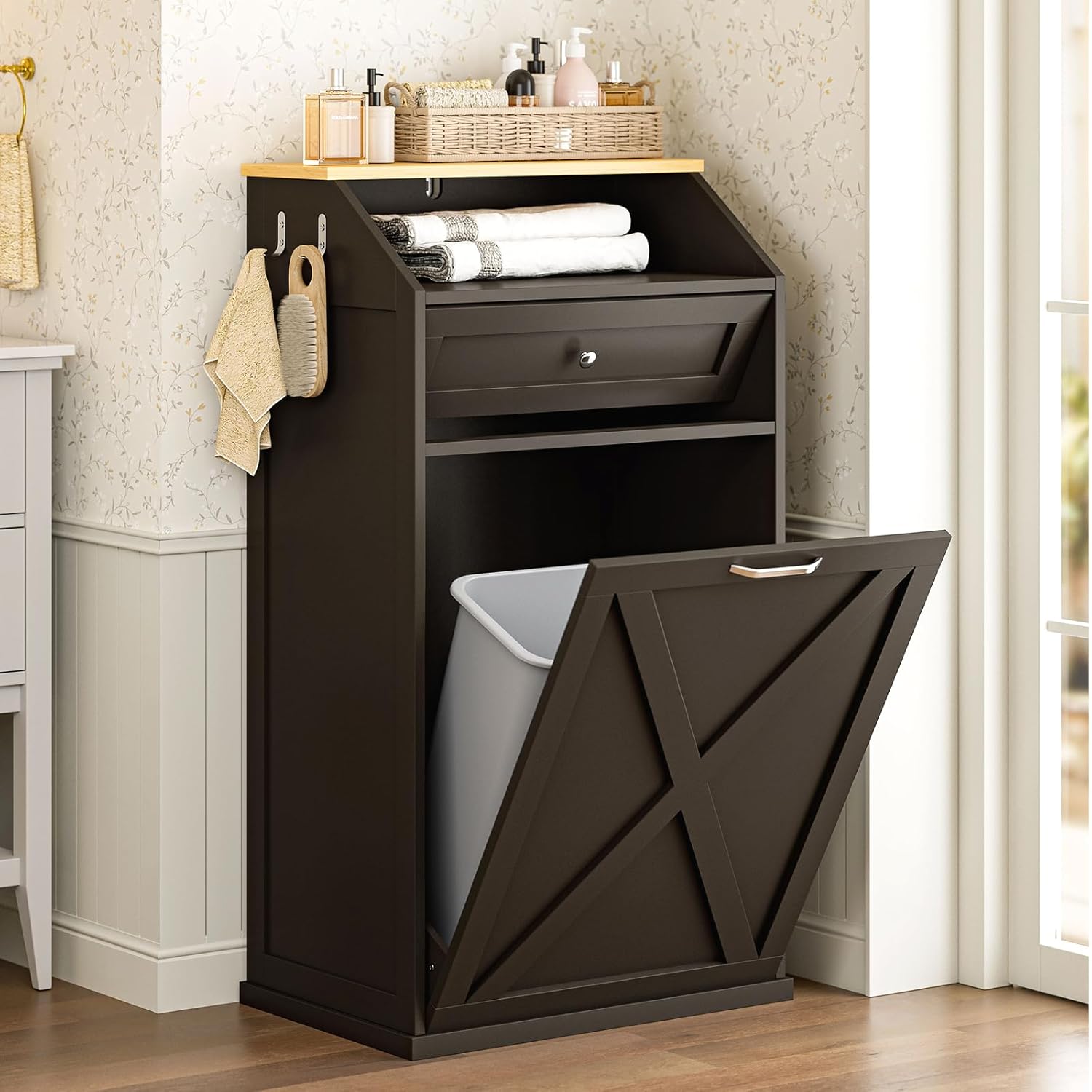 gazhome 13 gallon tilt out trash cabinet, upgrade wooden recycling cabinet with flip door,brown