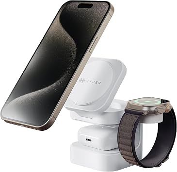 HyperJuice 3-in-1 Wireless Charger Qi2 Magnetic Stand Fast Charger for iPhone, Apple Watch, Airpods, Qi Compatible Devices Compact and Adjustable 3 in 1 Design