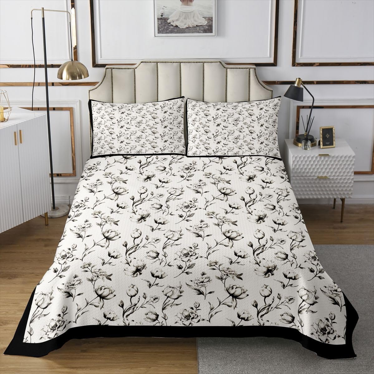 jejeloiu Black Floral Bedspread Romantic Pillowcase Twin Size
