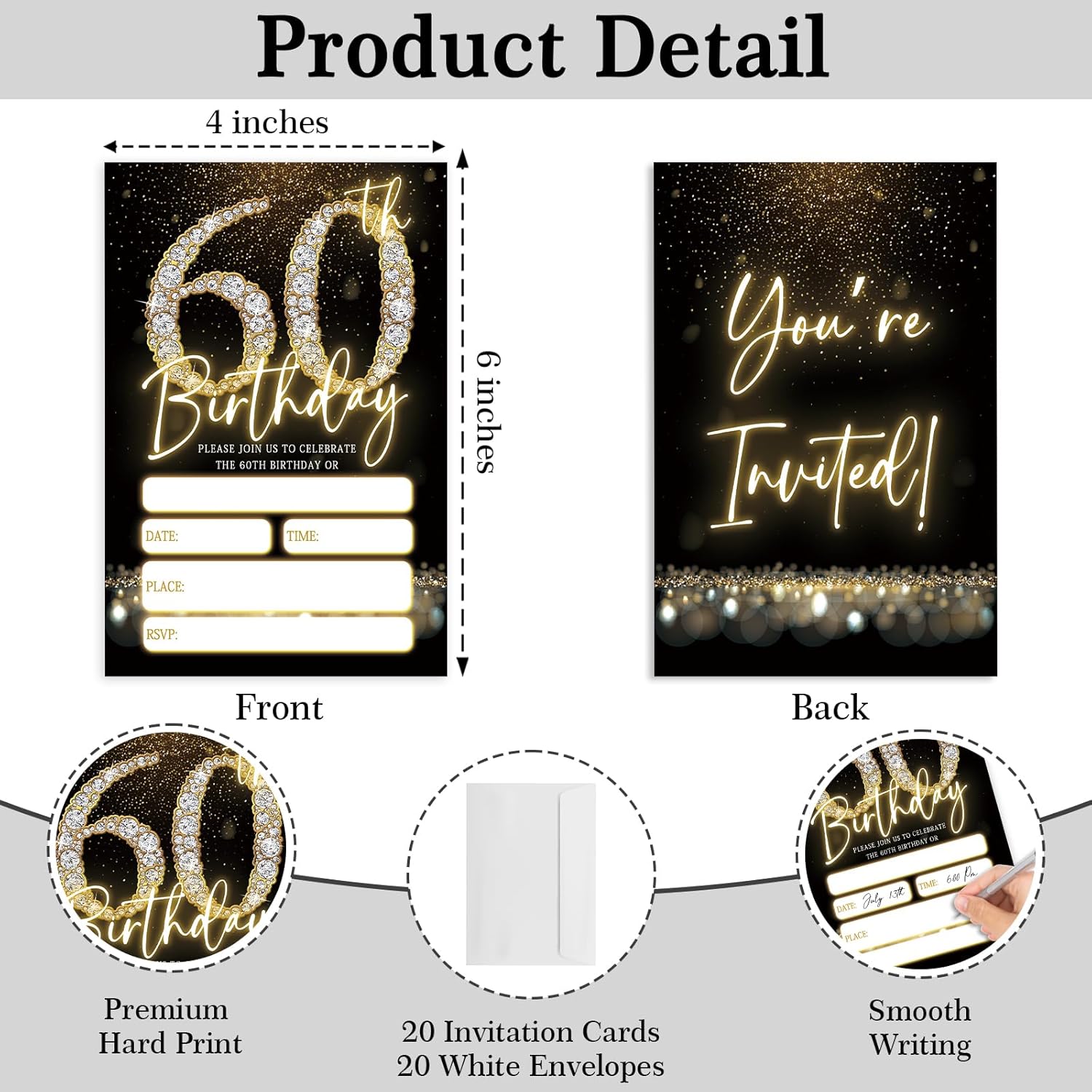 60歳の誕生日の招待状、60歳の女性、男性用の招待状、ブラックゴールドグリッター 両面フィルイン招待状20枚 封筒付き、誕生日パーテ