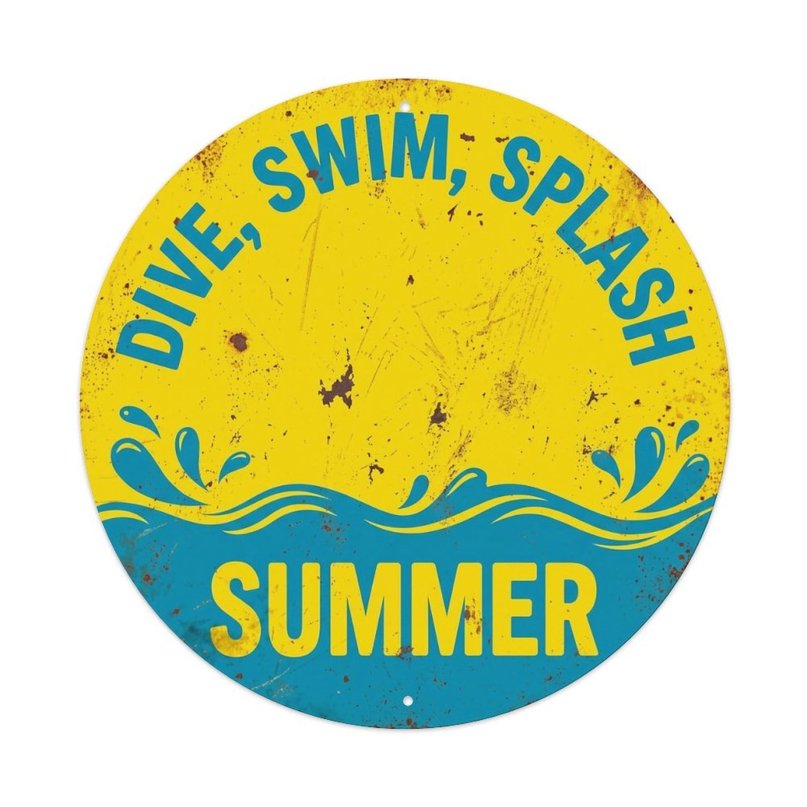 Dive Swim Splash Summer Vintage Metal Tin Sign Plaque Wall Decor for Cafe, Club, Garden Round Metal Poster 8x8Inch