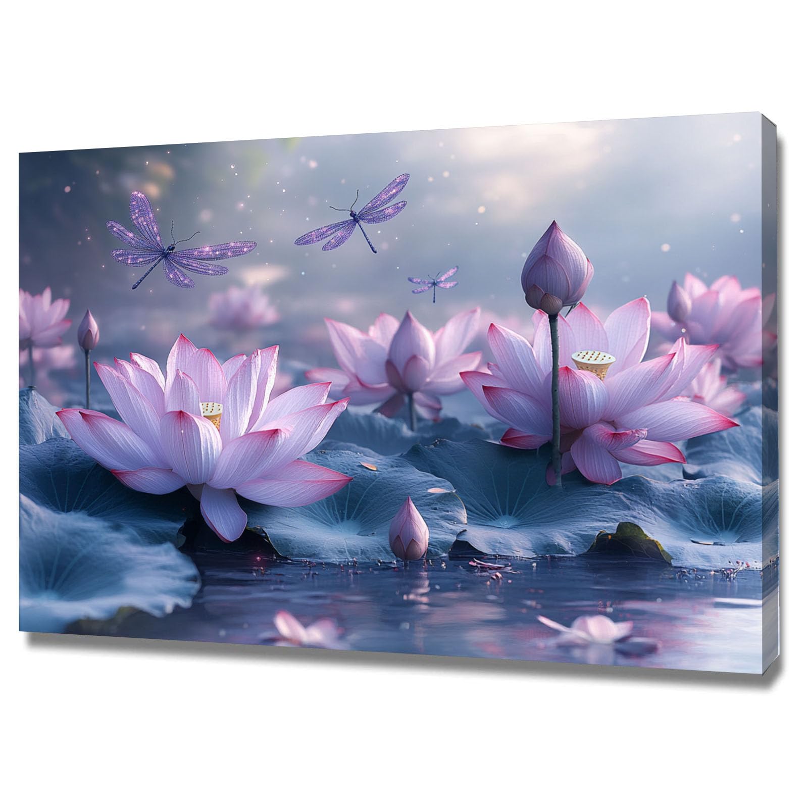 TERUEA Canvas Wall Art Decor Paintings Print on Canvas Pictures for Hallway Flowers - Art - Botanical Pink lotus flowers and butterflies (pink)-20x30cm1 Framed
