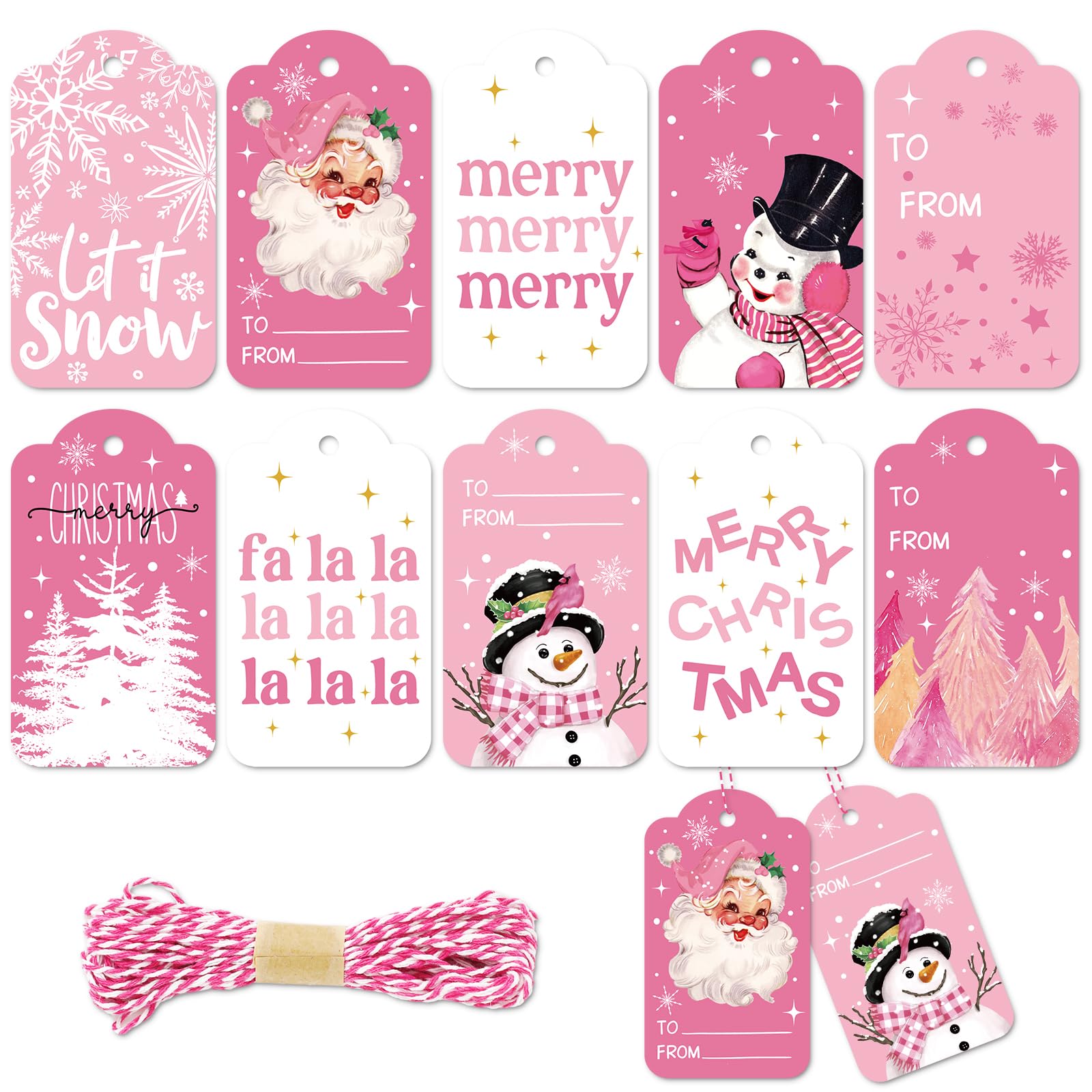 Whaline Weihnachtspapier-Geschenkanhänger, Rosa, Weihnachtsmann, Schneemann, mit Baumwollseil, für Winterurlaub, Namen, Geschenk, Basteln, 10 Designs, 120 Stück
